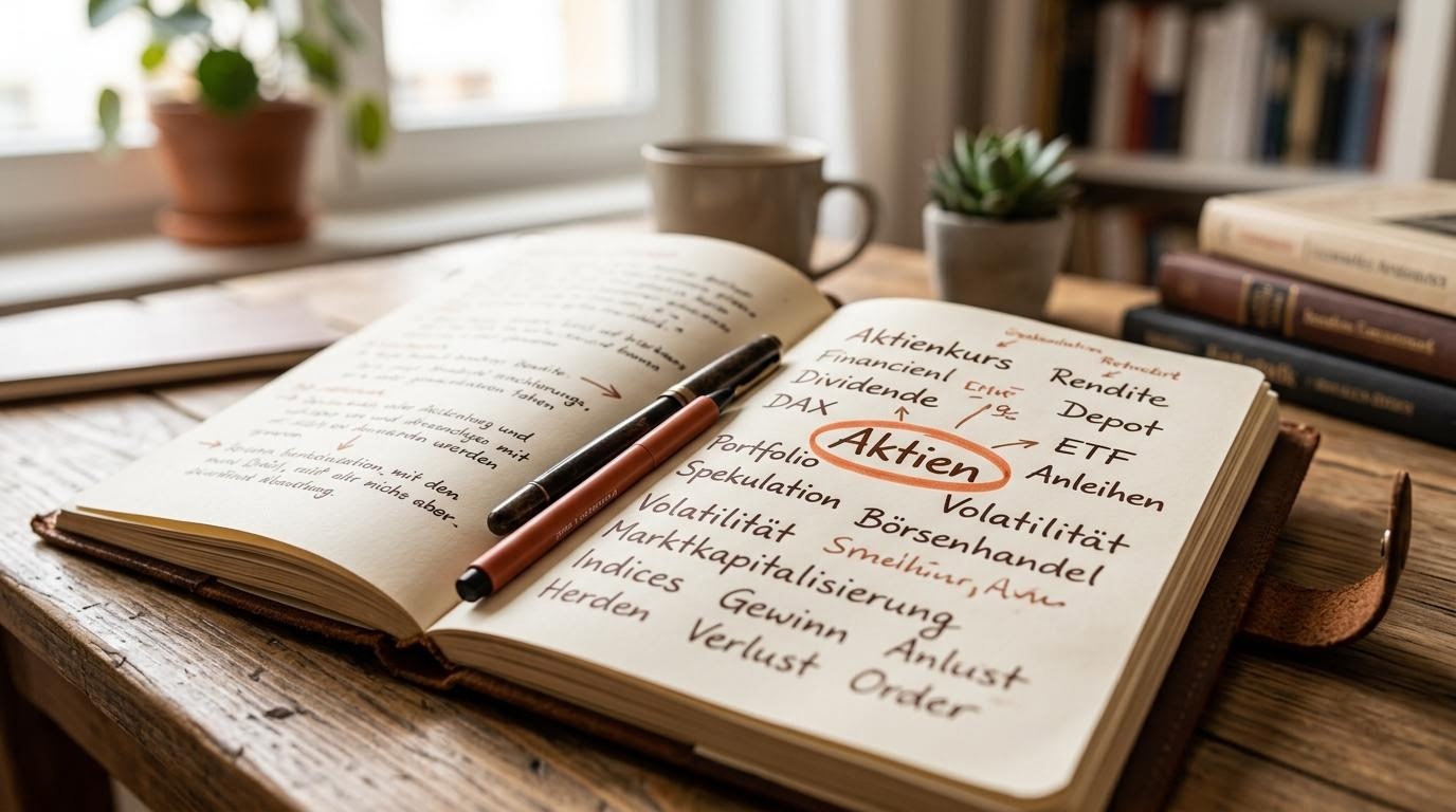 Notizbuch mit aufgeschriebenen Börsenbegriffen, Bleistift markiert einen Eintrag