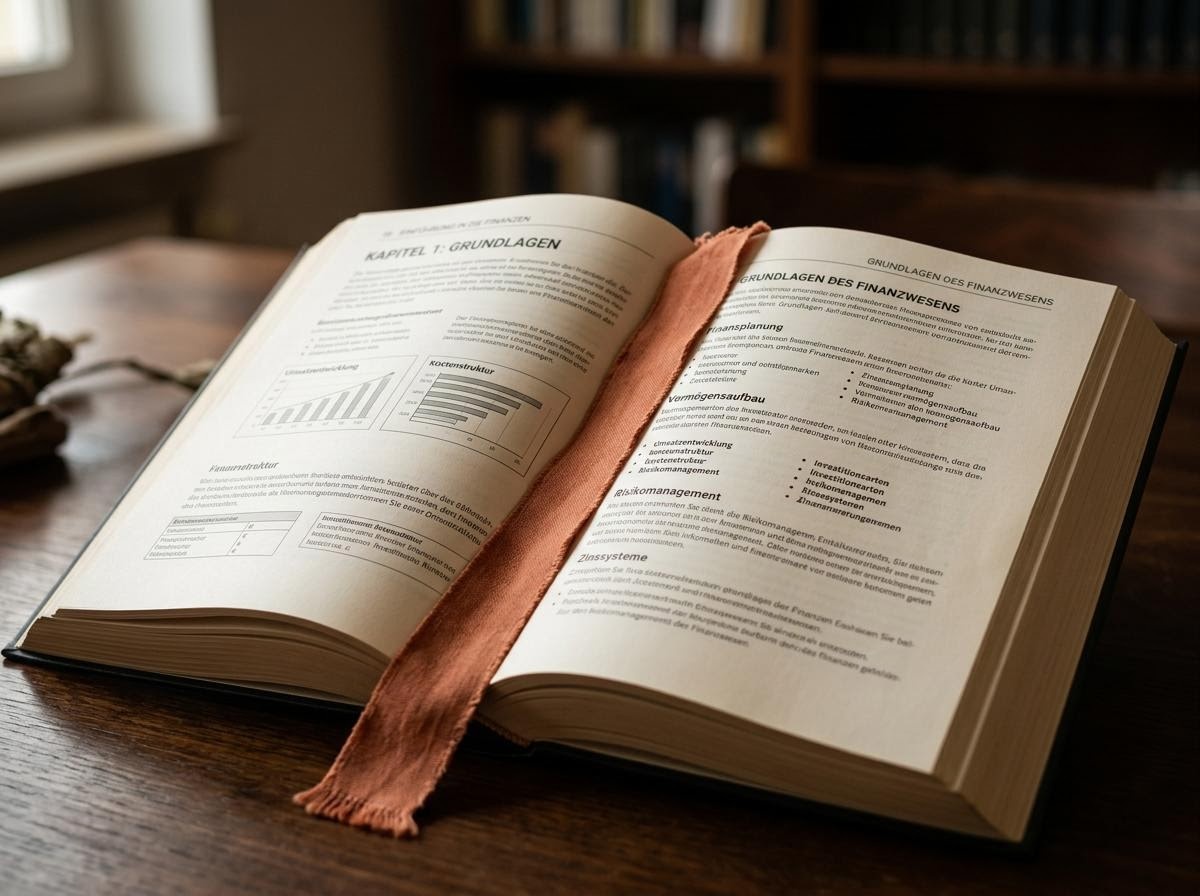 Lesezeichen liegt in einem aufgeschlagenen Buch über Finanzgrundlagen