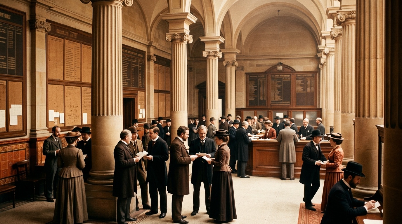 Historische Börsendarstellung mit Säulen und Tafeln, warm beleuchtet
